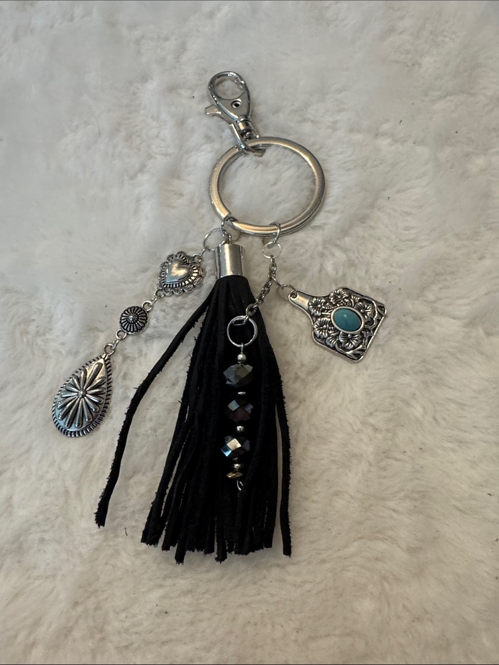 Silver and Black Tassel Keychain Charm with Turquoise Accent